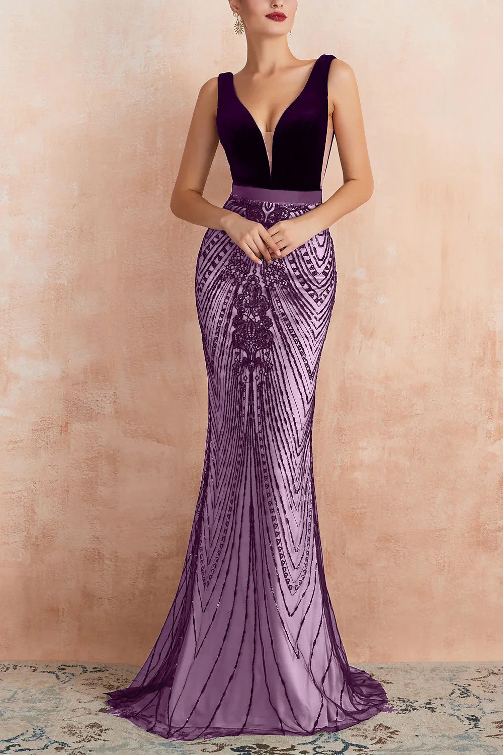 Robe de soirée longue sirène noire scintillante à col en V profond avec dos ouvert - Image 11