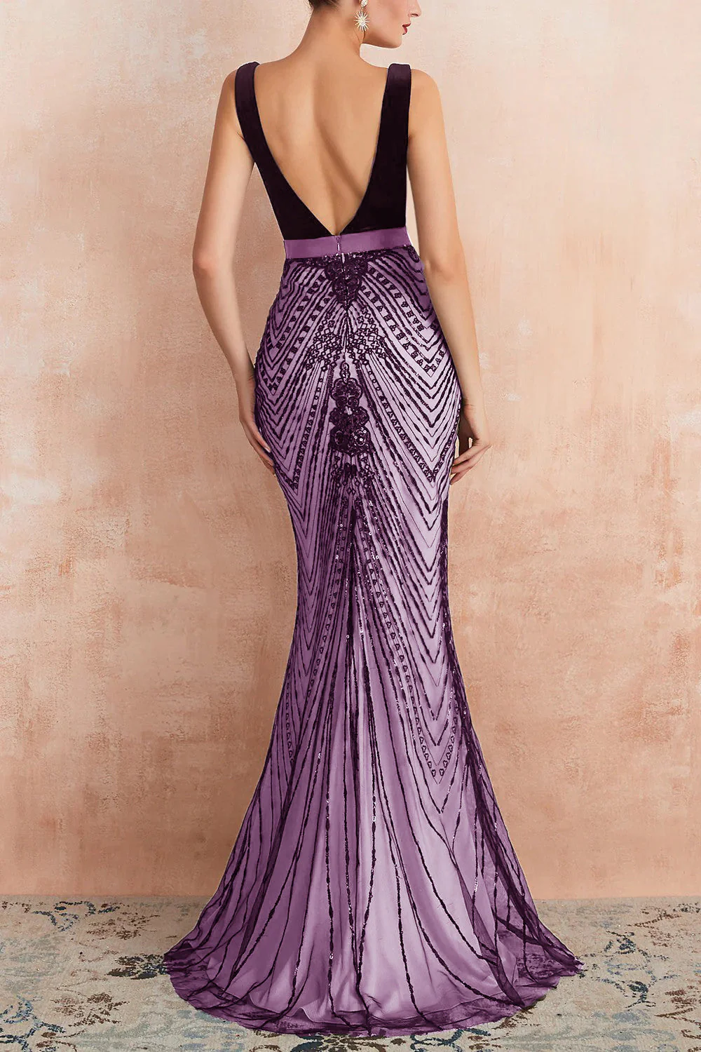 Robe de soirée longue sirène noire scintillante à col en V profond avec dos ouvert - Image 12