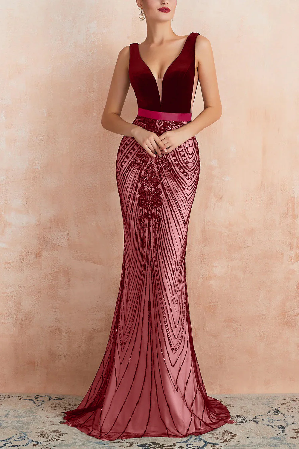 Robe de soirée longue sirène noire scintillante à col en V profond avec dos ouvert - Image 7