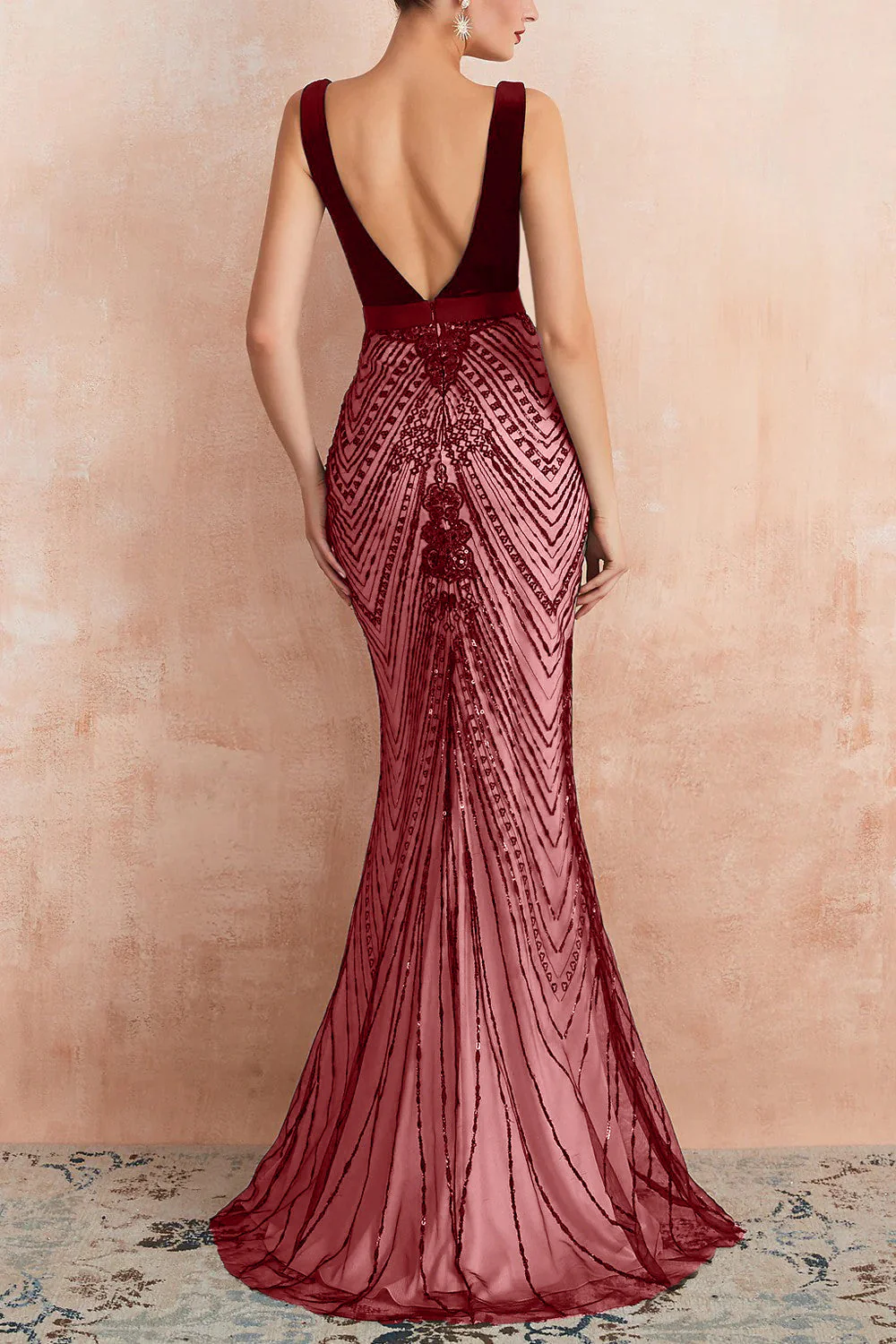 Robe de soirée longue sirène noire scintillante à col en V profond avec dos ouvert - Image 8
