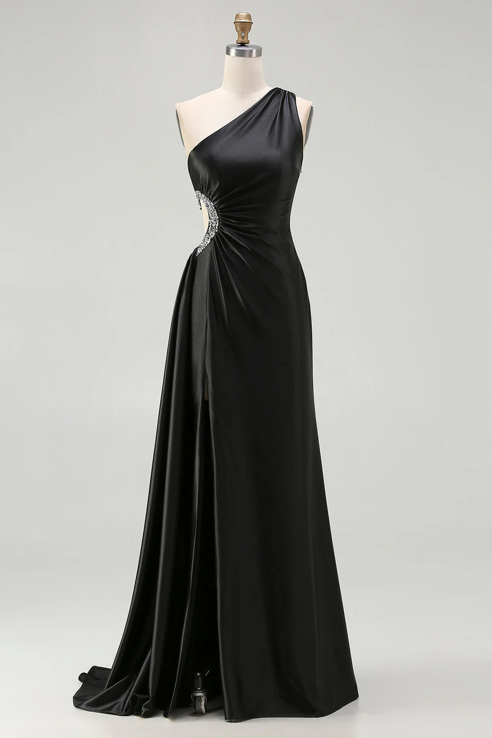 Robe de bal longue sirène noire découpée à une épaule avec fente