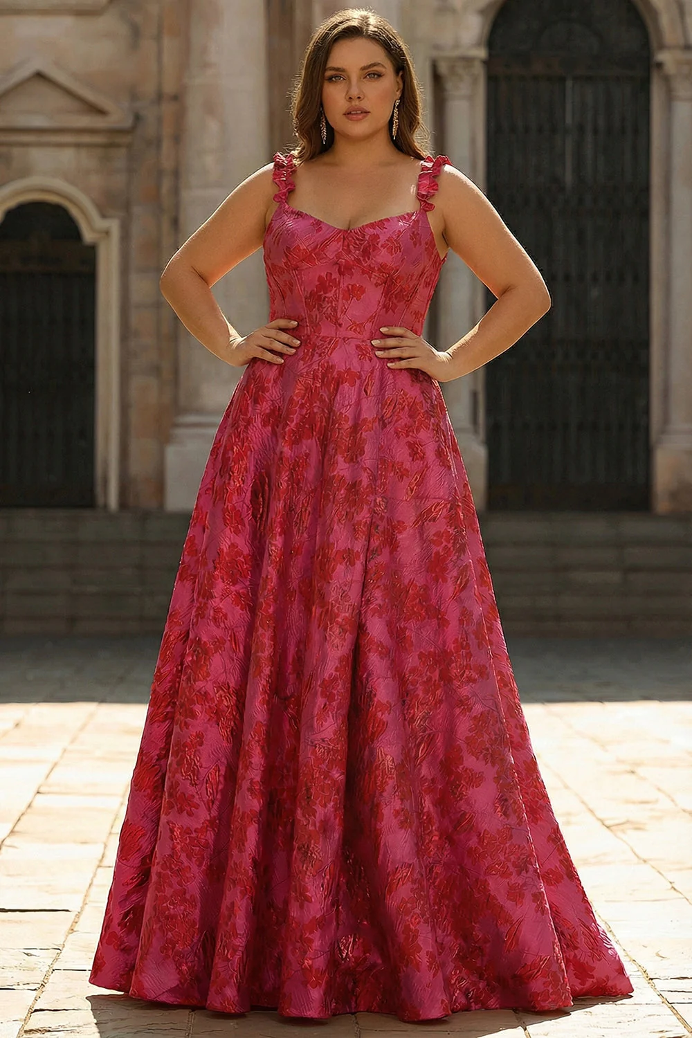 Robe de bal longue taille plus large en jacquard fleur fleurie Jacquard à bretelles fines