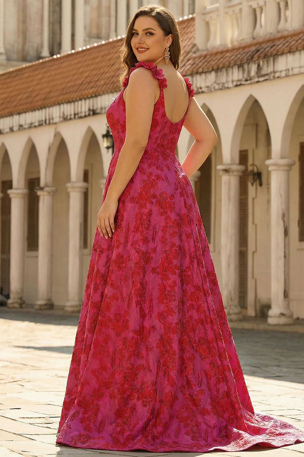 Robe de bal longue taille plus large en jacquard fleur fleurie Jacquard à bretelles fines - Image 2