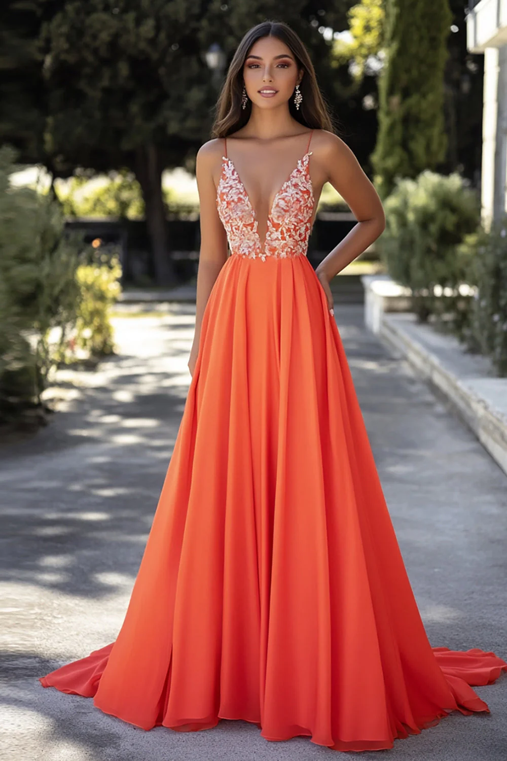 Robe de Soirée longue trapèze en mousseline de soie orange à bretelles longues avec appliques de dentelle
