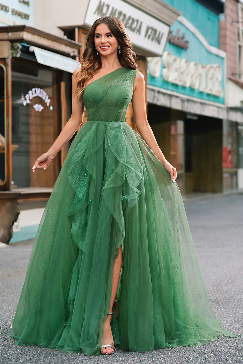 Robe de bal longue trapèze en tulle vert foncé avec fente - Image 5