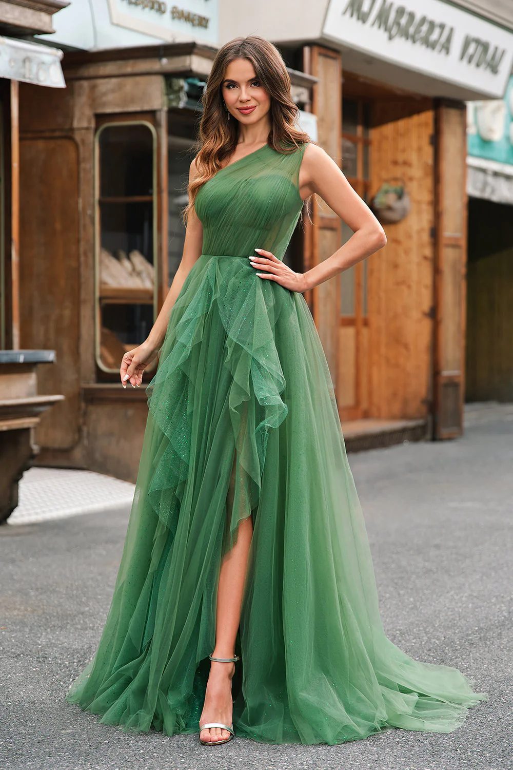 Robe de bal longue trapèze en tulle vert foncé avec fente - Image 7