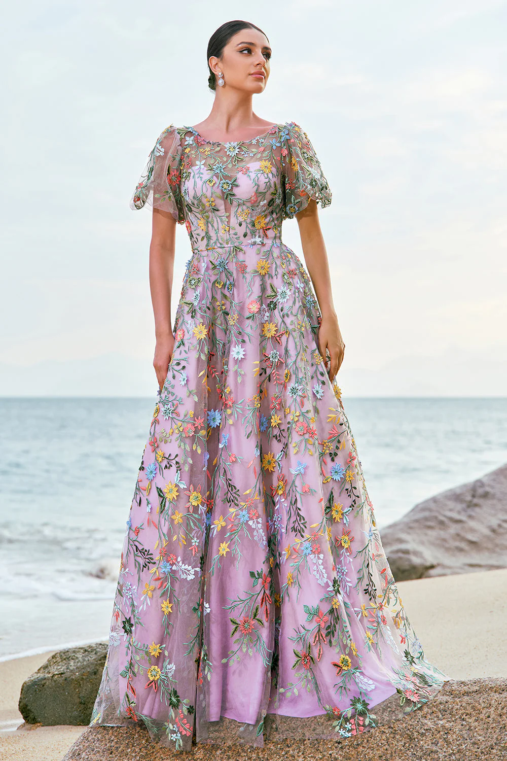Robe de Soirée mauve princesse longue brodée à manches courtes