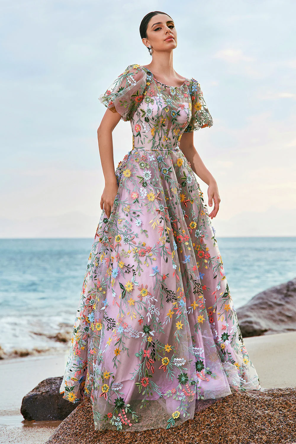 Robe de Soirée mauve princesse longue brodée à manches courtes - Image 3