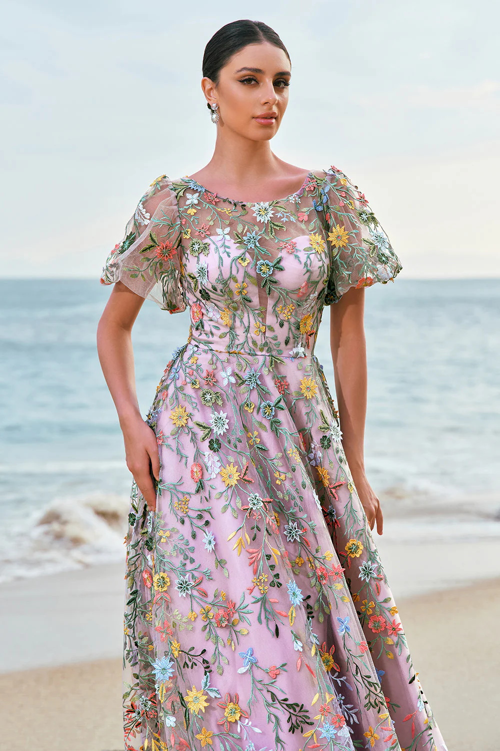Robe de Soirée mauve princesse longue brodée à manches courtes - Image 5