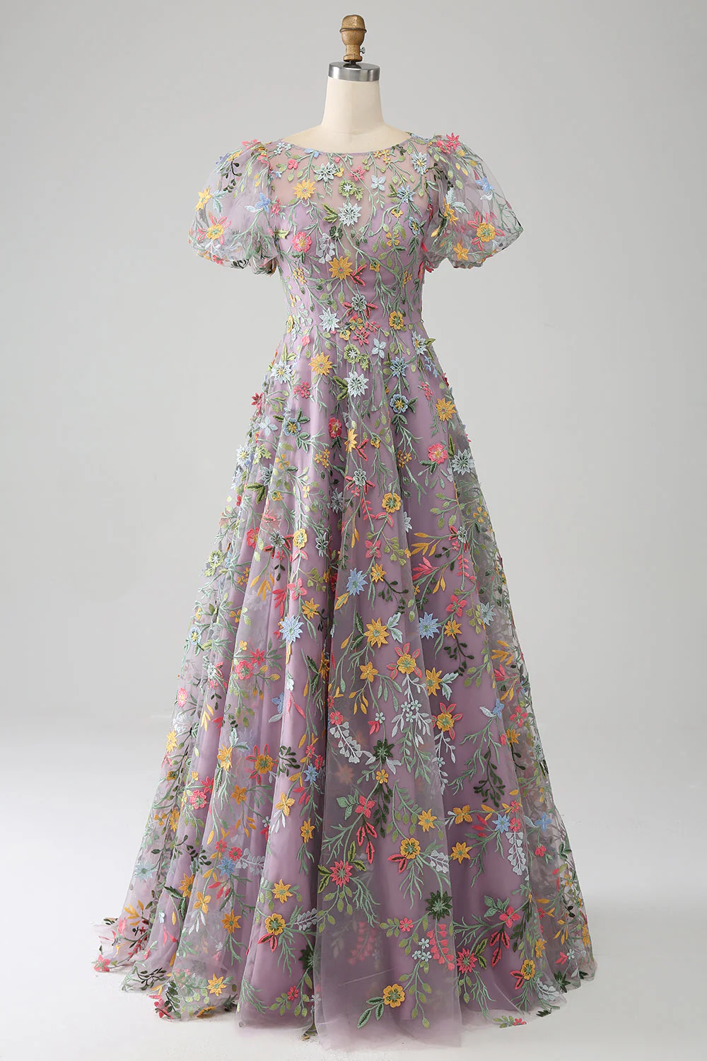 Robe de Soirée mauve princesse longue brodée à manches courtes - Image 7
