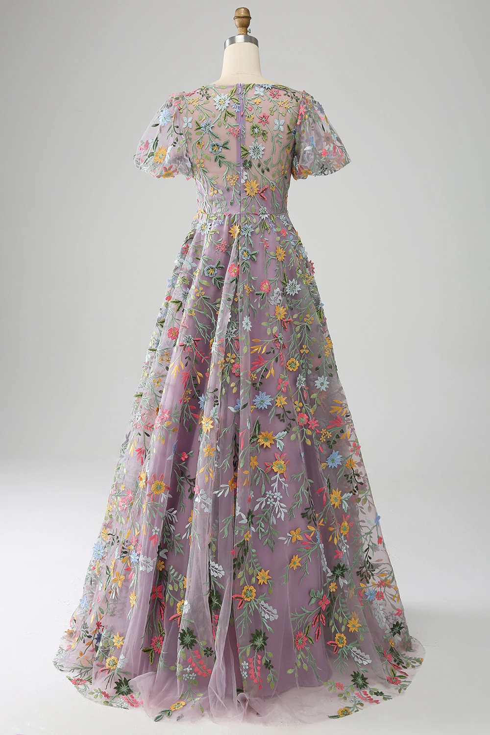 Robe de Soirée mauve princesse longue brodée à manches courtes - Image 8