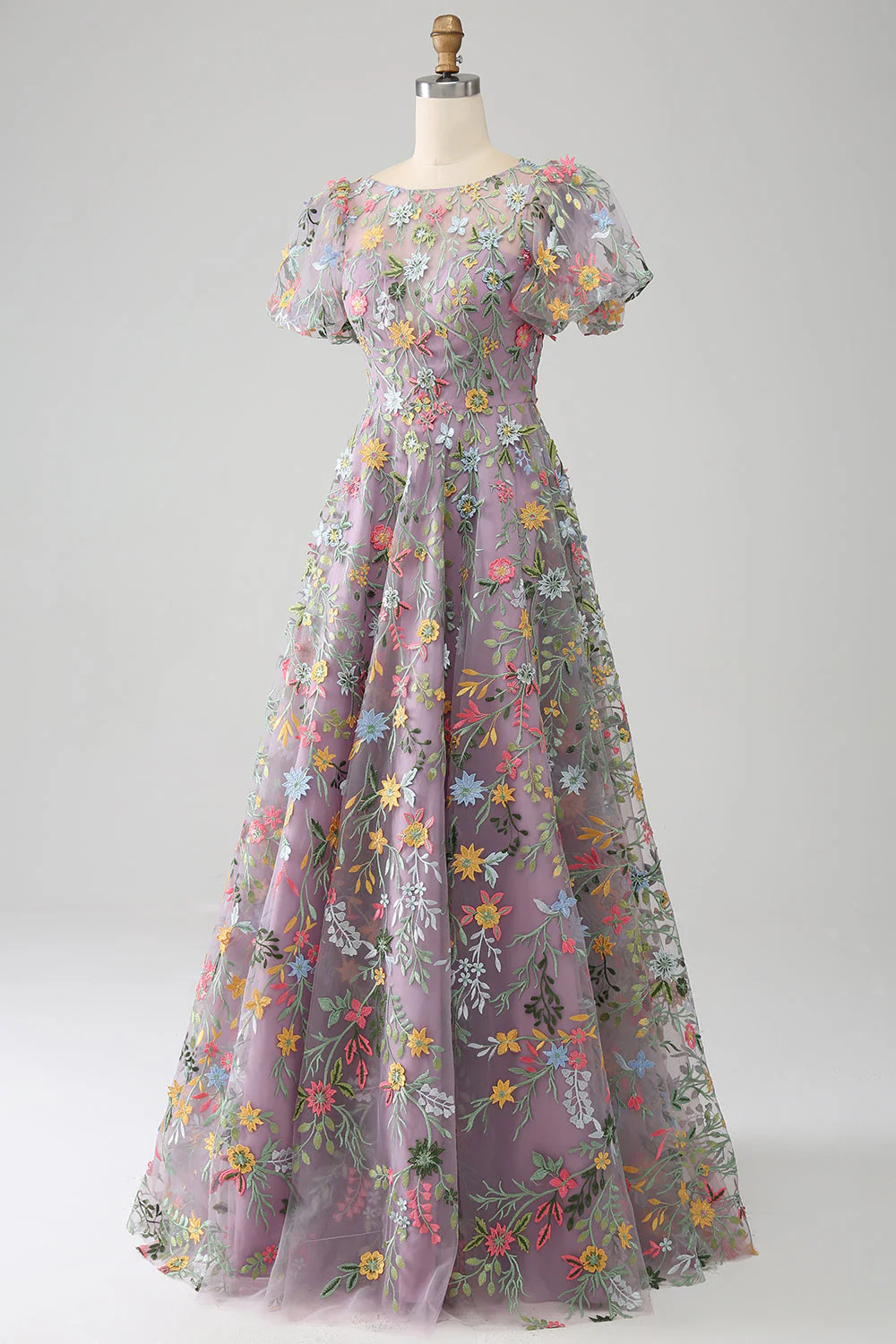 Robe de Soirée mauve princesse longue brodée à manches courtes - Image 9