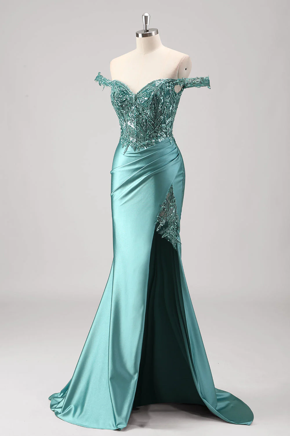 Robe de soirée sirène gris métallisé scintillante à paillettes avec fente élégante - Image 5