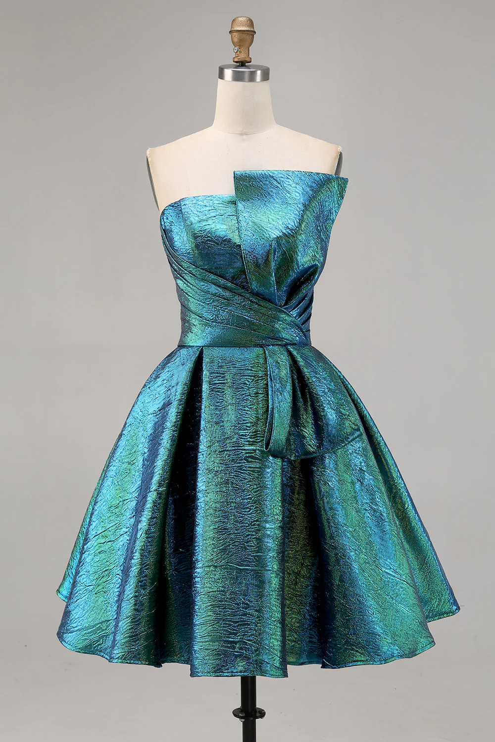 Robe De Cocktail métallisée sans bretelles métallisée vert paon froncée - Image 7