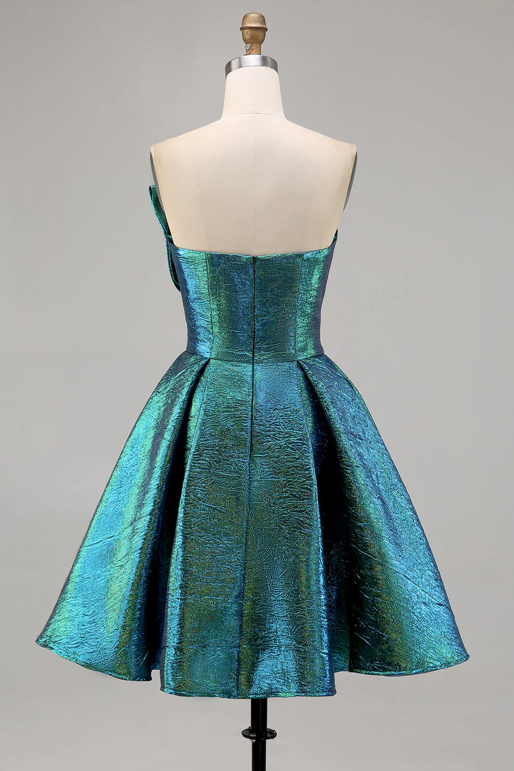 Robe De Cocktail métallisée sans bretelles métallisée vert paon froncée - Image 8