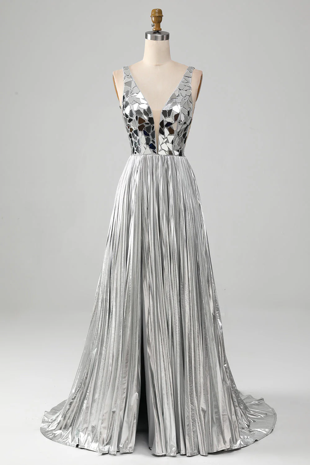 Robe de soirée miroir argentée à col en V scintillante avec fente - Image 7