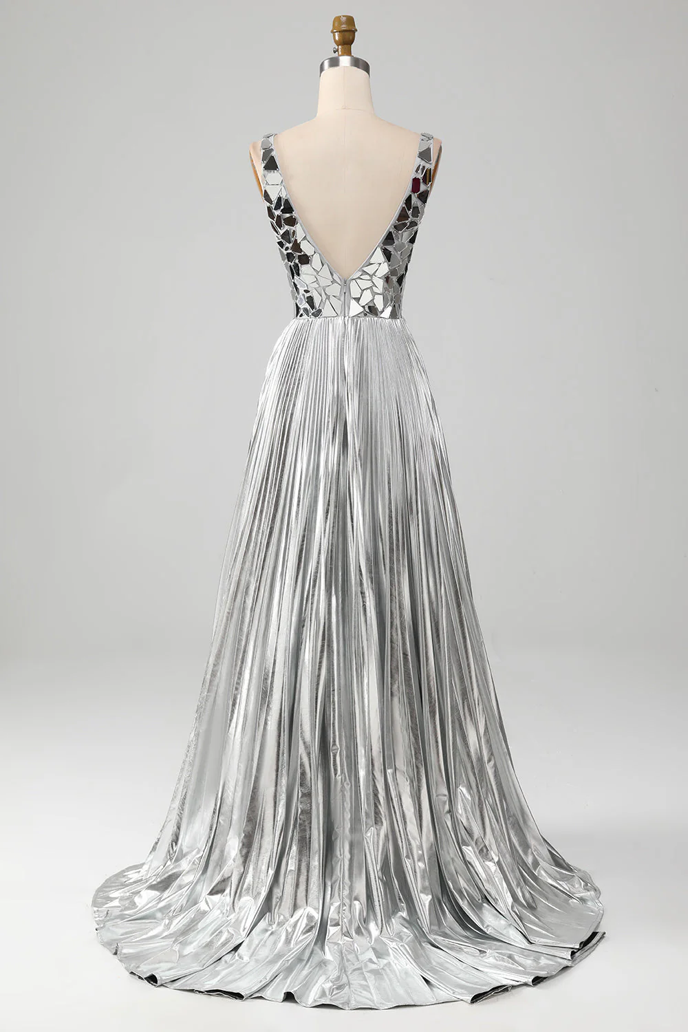 Robe de soirée miroir argentée à col en V scintillante avec fente - Image 8