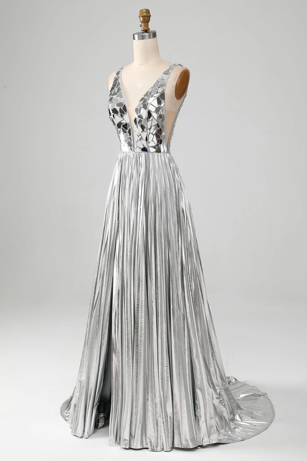 Robe de soirée miroir argentée à col en V scintillante avec fente - Image 9