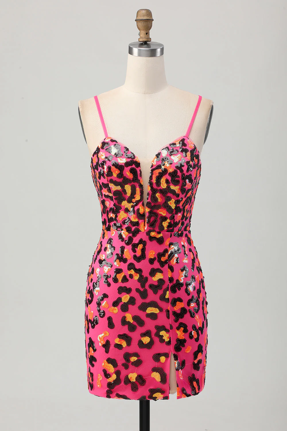 Robe de cocktail moulante à bretelles spaghetti fuchsia à paillettes avec fente - Image 7