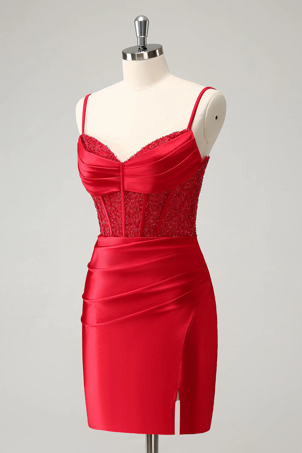 Robe de bal moulante en satin à bretelles spaghetti vert clair avec fente - Image 9