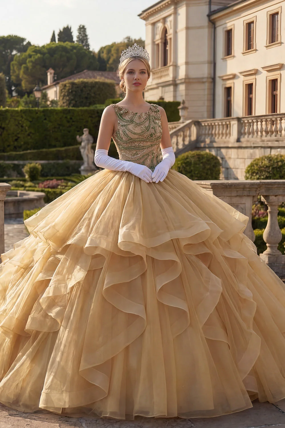 Robe de bal Moutarde Jaune à col rond à volants, paillettes Quinceañera