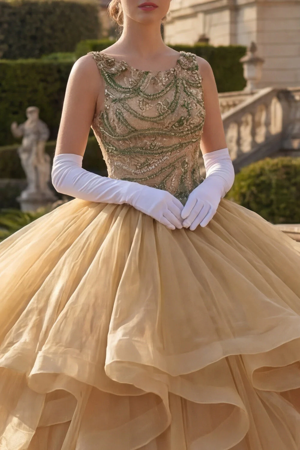Robe de bal Moutarde Jaune à col rond à volants, paillettes Quinceañera - Image 3