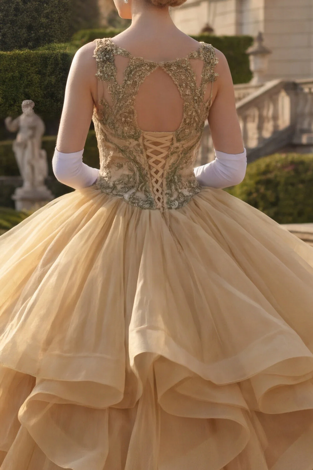 Robe de bal Moutarde Jaune à col rond à volants, paillettes Quinceañera - Image 4