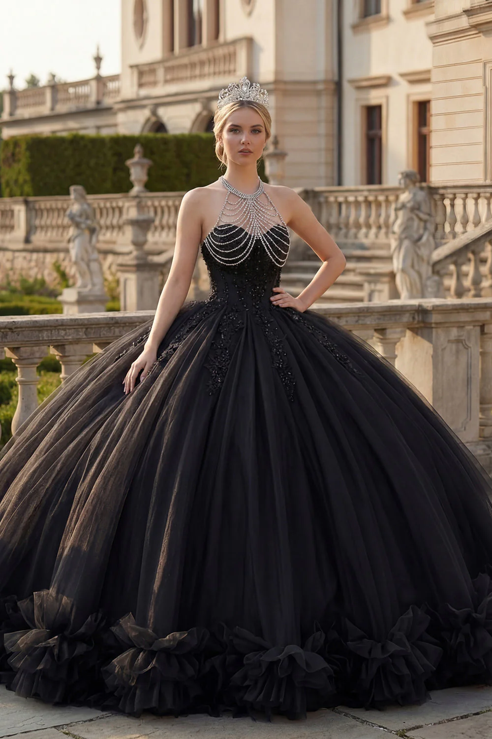 Robe de bal noire à col nu et paillettes, robe princesse Quinceañera