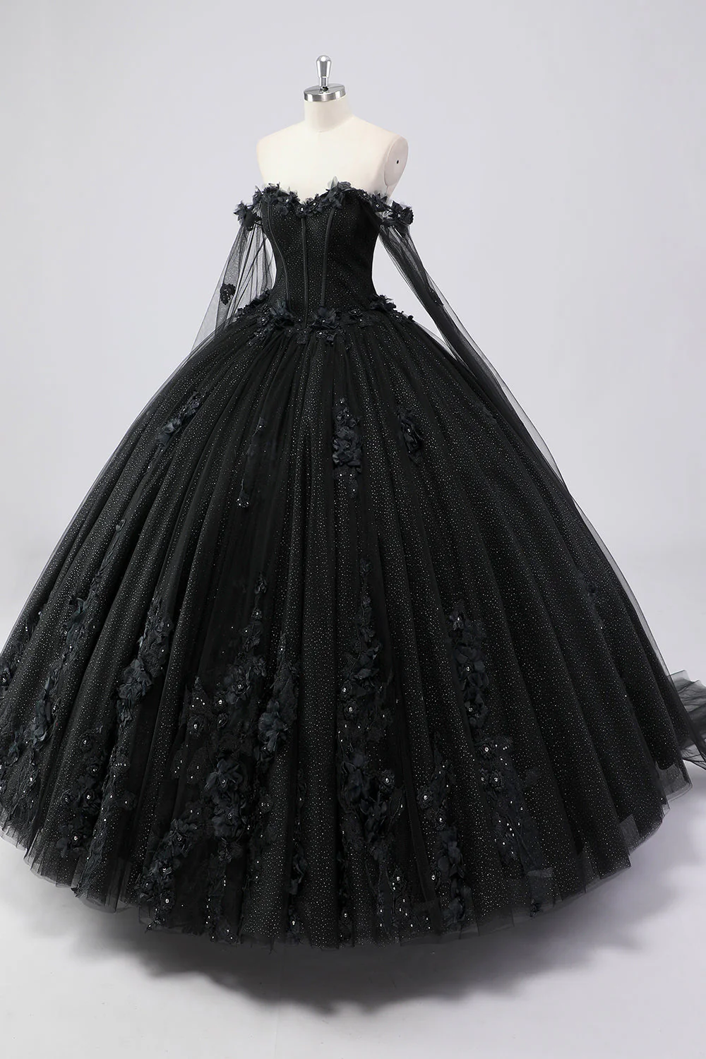 Robe de bal noire à épaules dénudées en tulle avec fleurs 3D pour Quinceanera - Image 3