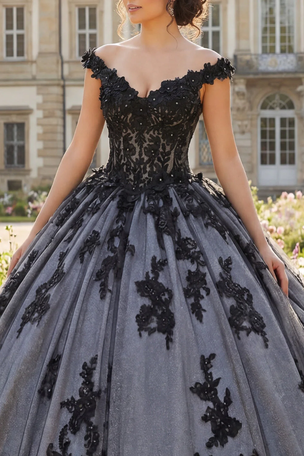 Robe de bal noire à épaules dénudées, robe de bal appliquée - Image 3