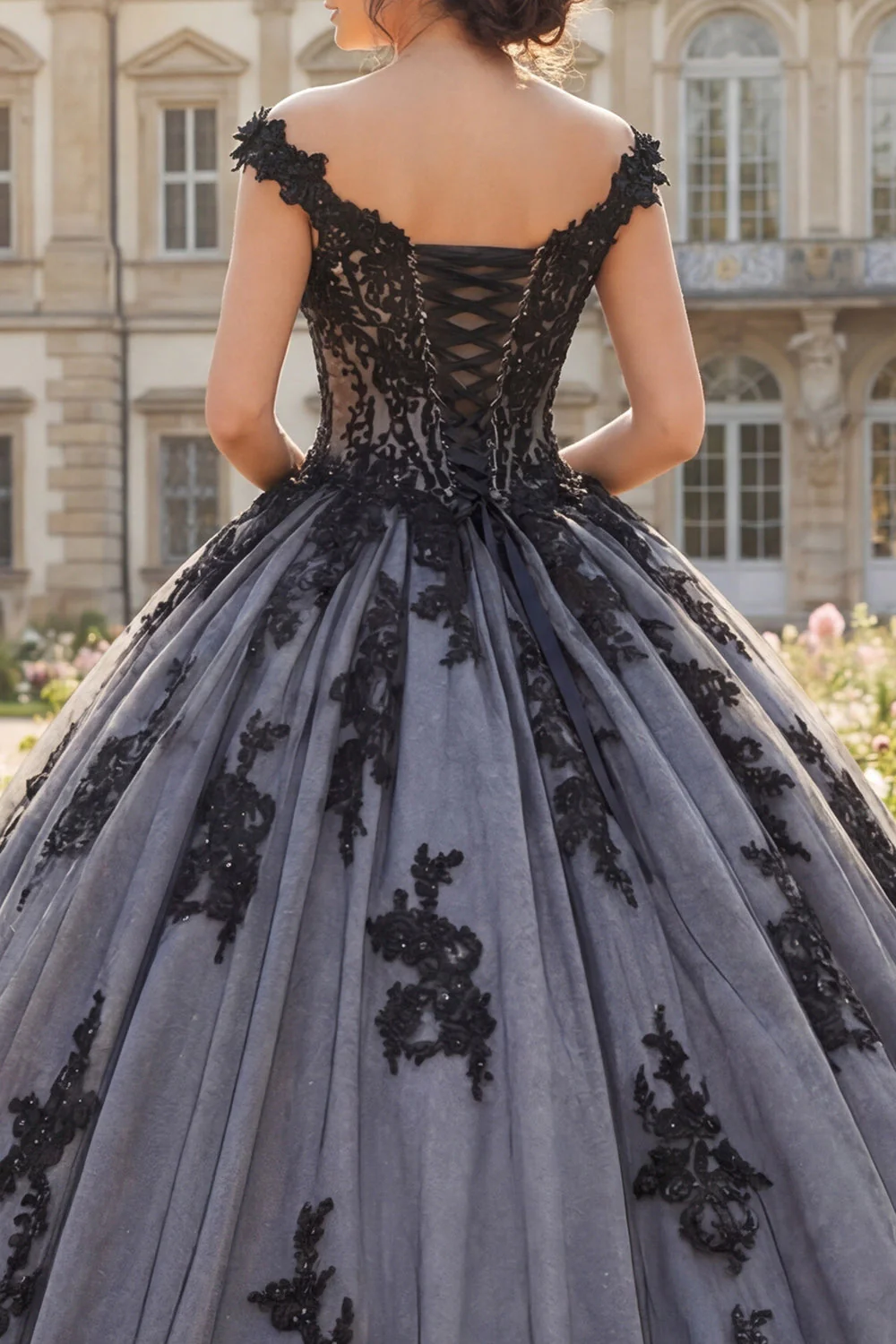 Robe de bal noire à épaules dénudées, robe de bal appliquée - Image 4