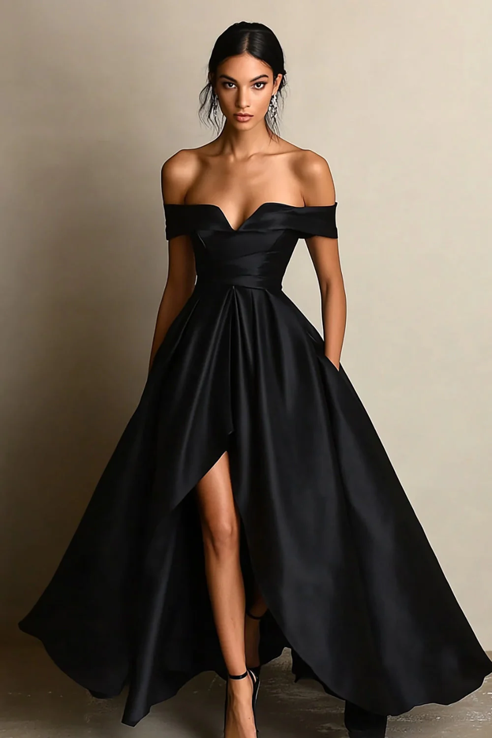 Robe de bal noire A Line Off Shoulder avec fente