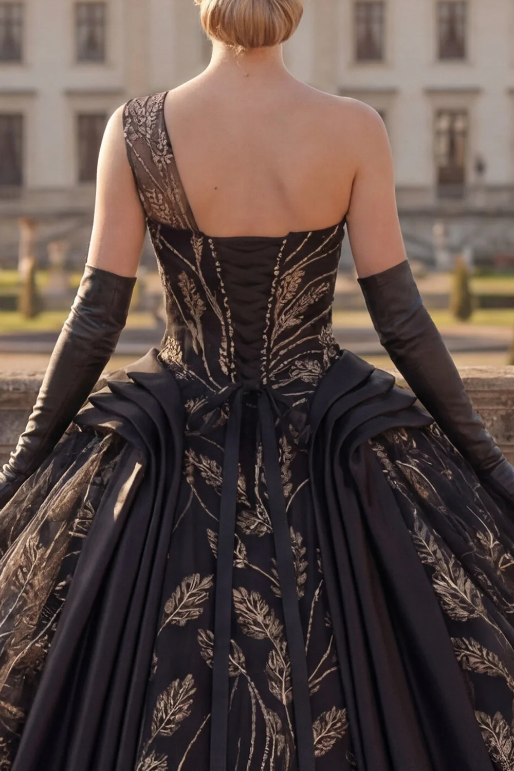 Robe de bal noire à une épaule appliquée à la quinceañera - Image 4
