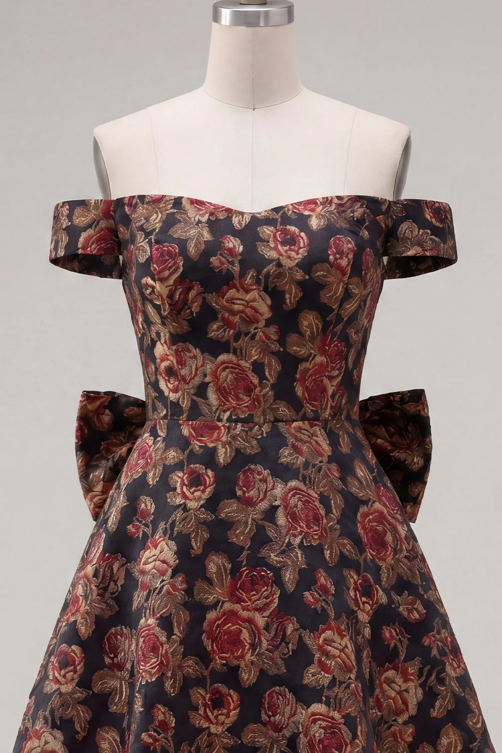 Robe de bal noire jacquard en ligne A avec nœud de fin d’année - Image 4