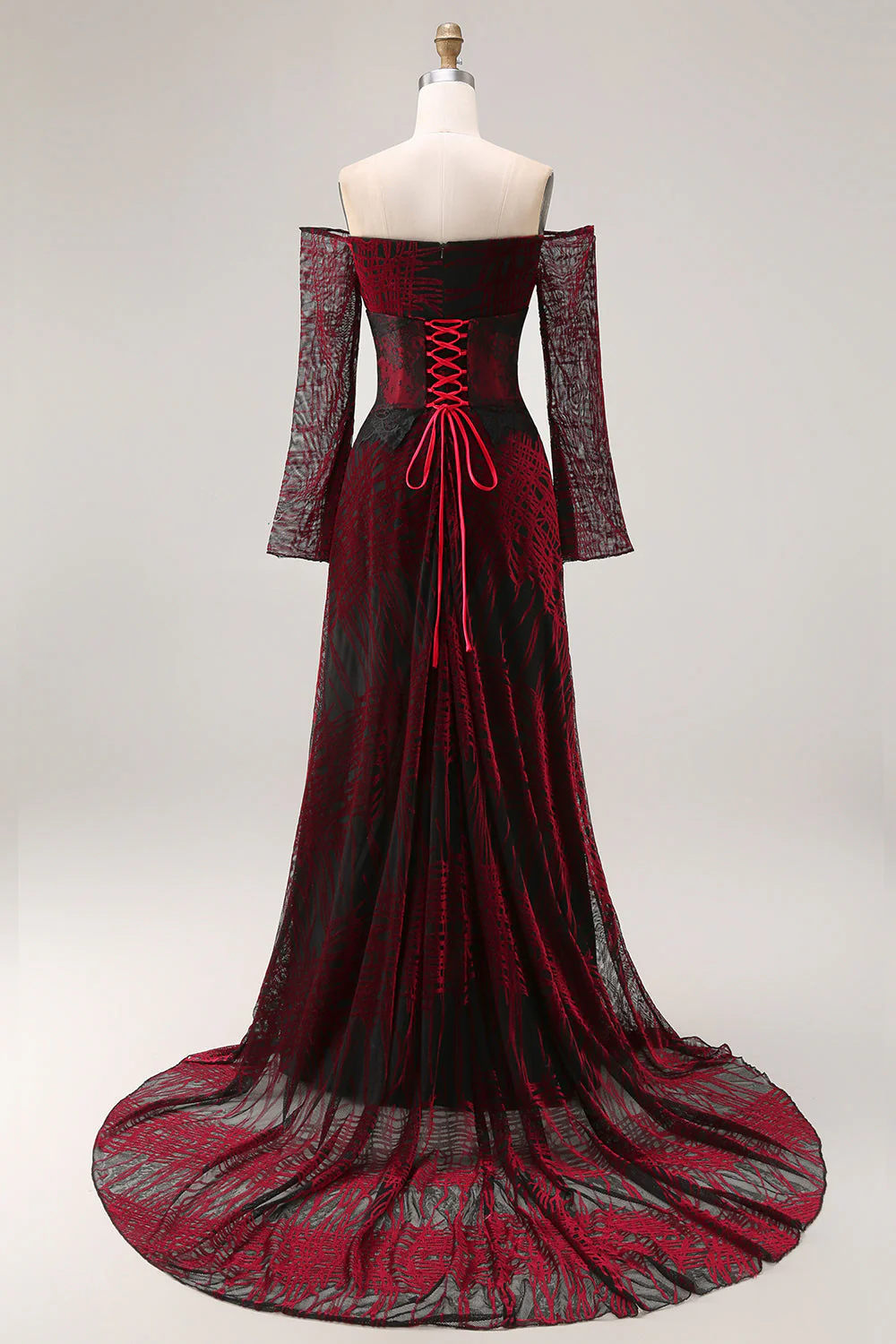 Robe de bal noire rouge sur les épaules décollées à manches longues - Image 2