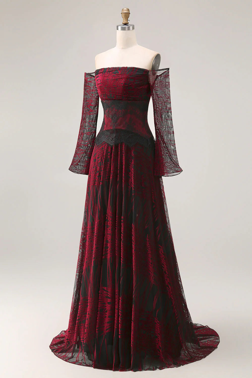 Robe de bal noire rouge sur les épaules décollées à manches longues - Image 3
