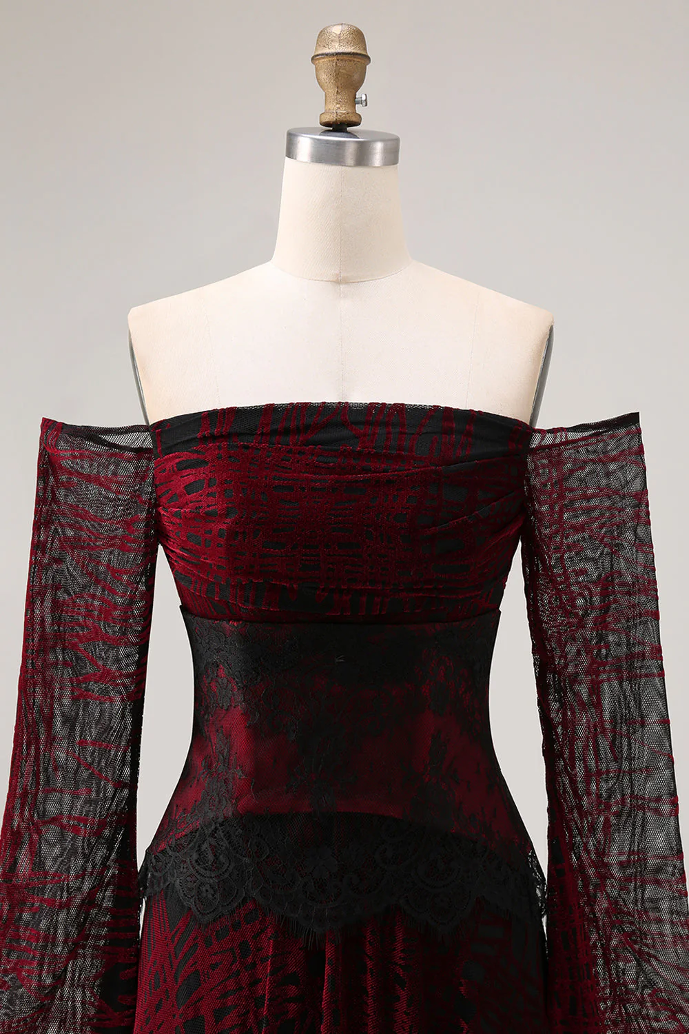 Robe de bal noire rouge sur les épaules décollées à manches longues - Image 4
