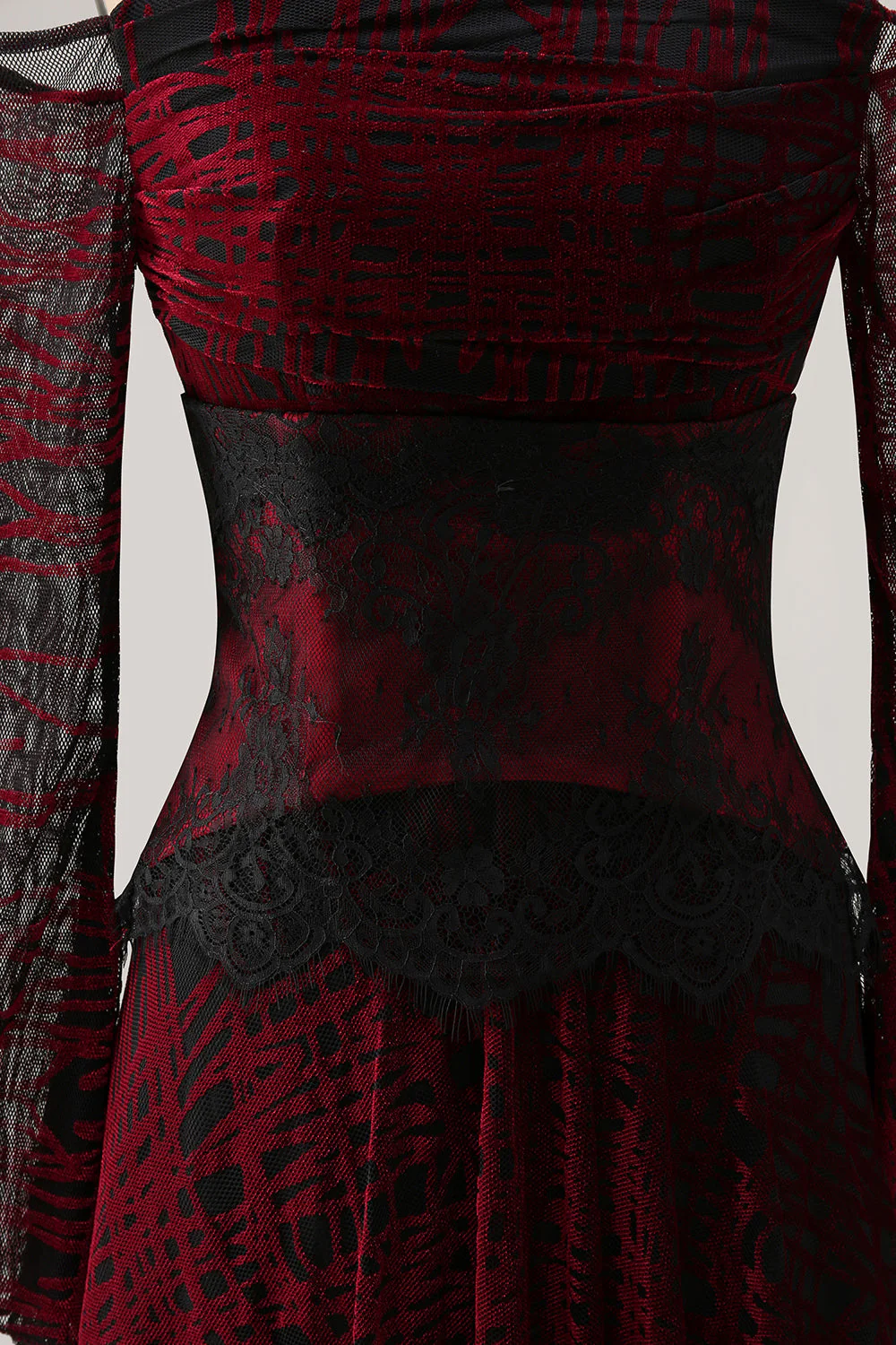 Robe de bal noire rouge sur les épaules décollées à manches longues - Image 7