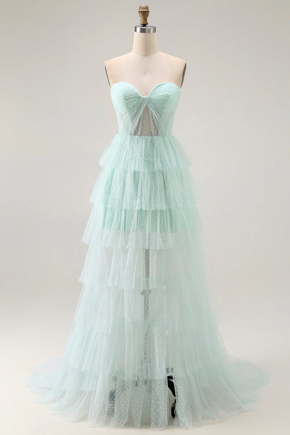 Robe de soirée noire sans bretelles à pois volants à plusieurs niveaux avec fente - Image 9