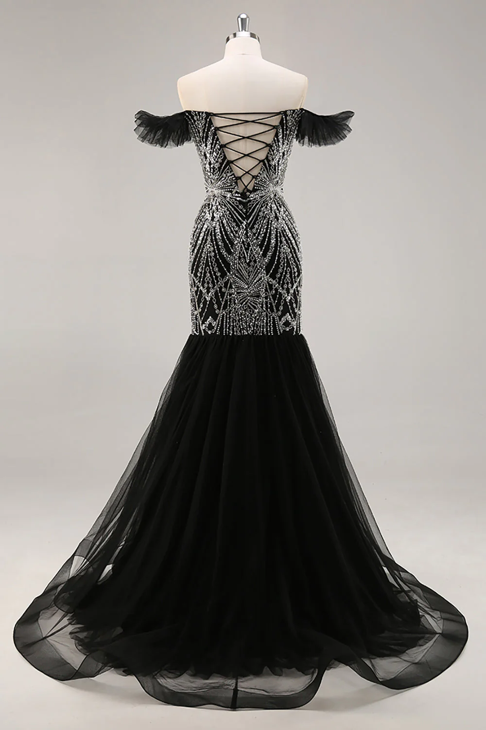 Robe de soirée noire sirène perlée à épaules dénudées - Image 2