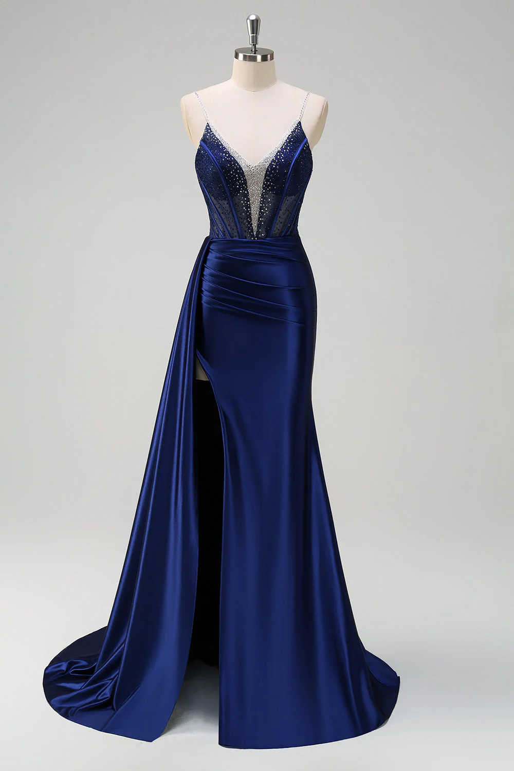 Robe de soirée sirène bleu marine bustier perlé col V avec fente