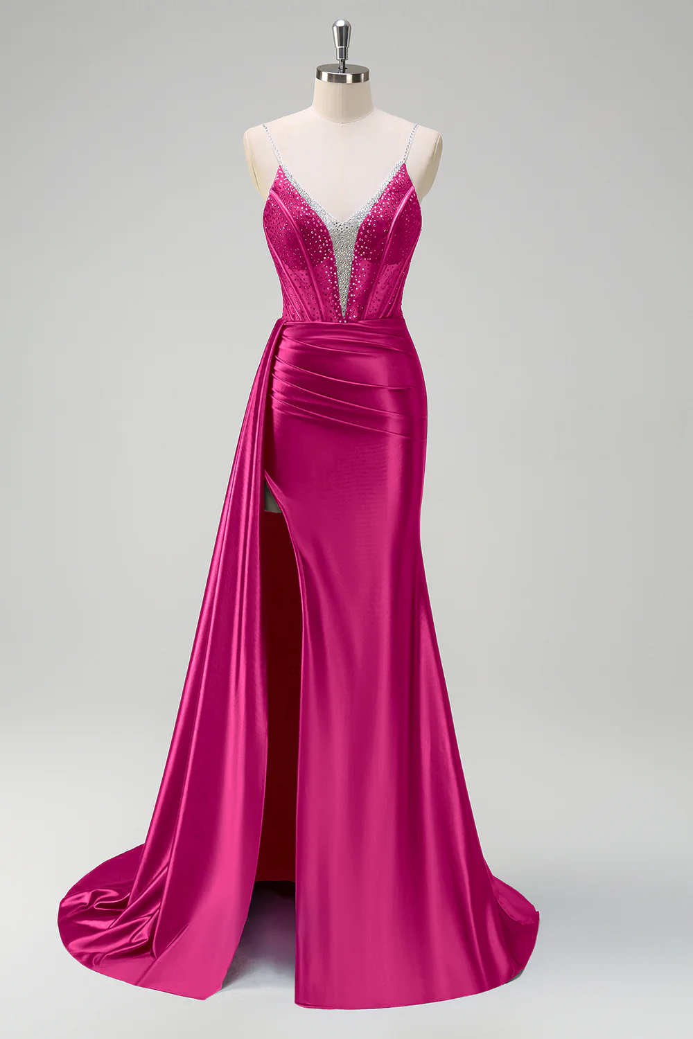 Robe de soirée sirène bleu marine bustier perlé col V avec fente - Image 15