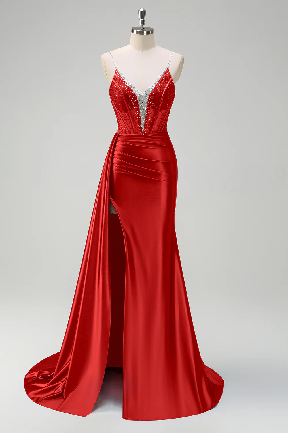 Robe de soirée sirène bleu marine bustier perlé col V avec fente - Image 21