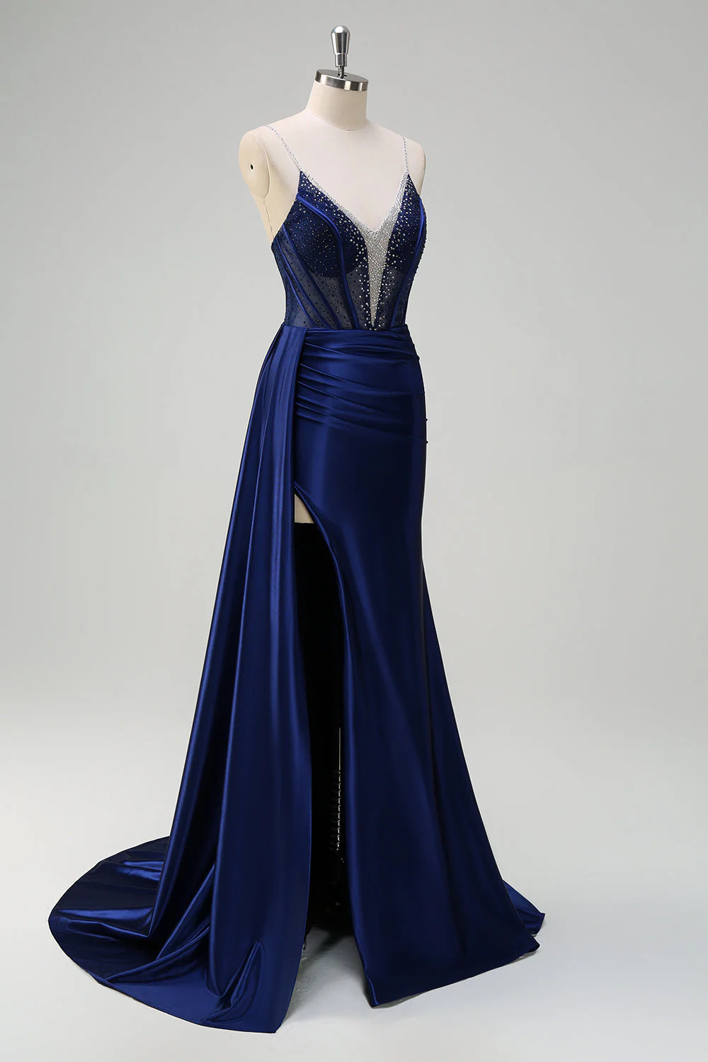Robe de soirée sirène bleu marine bustier perlé col V avec fente - Image 3