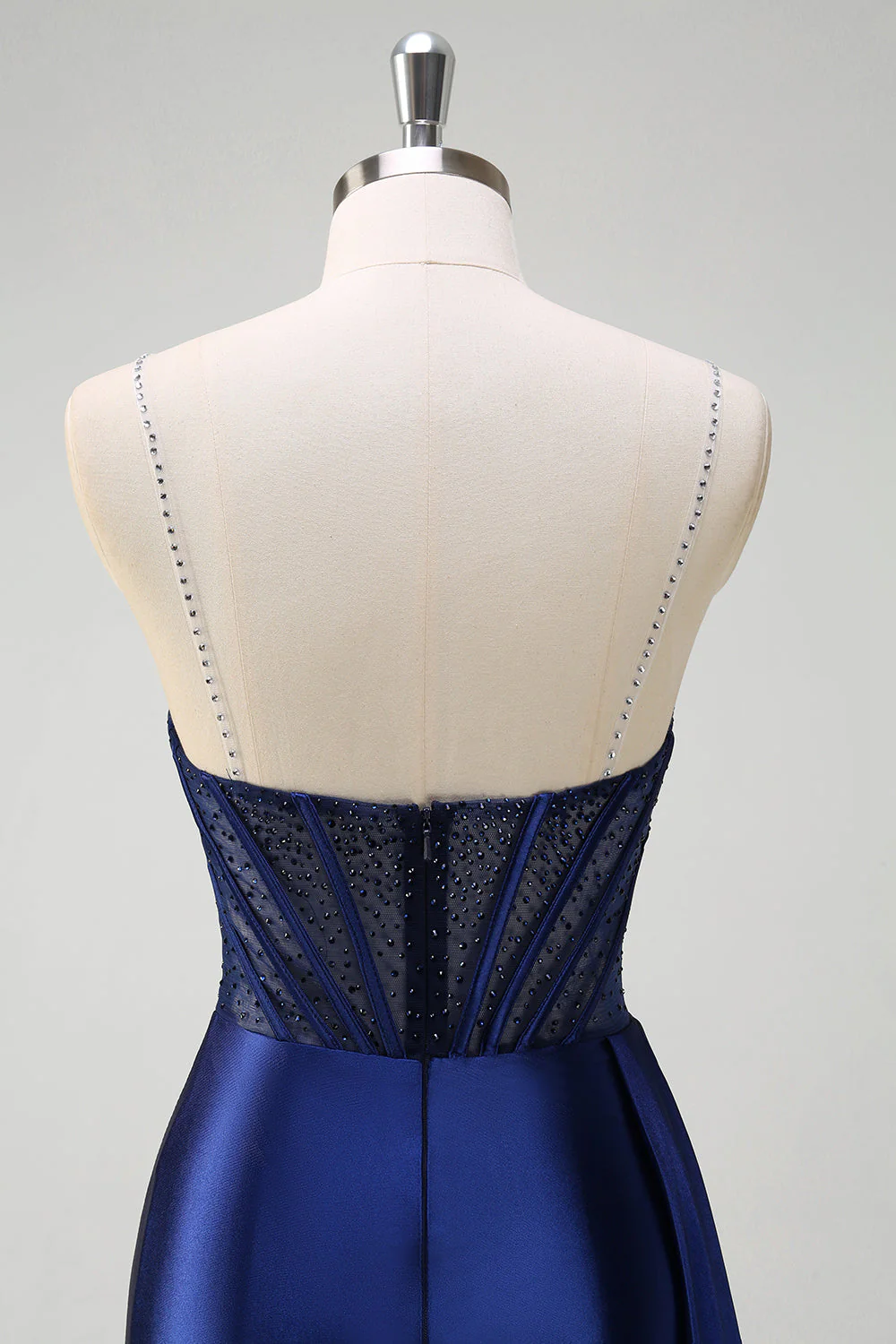 Robe de soirée sirène bleu marine bustier perlé col V avec fente - Image 5
