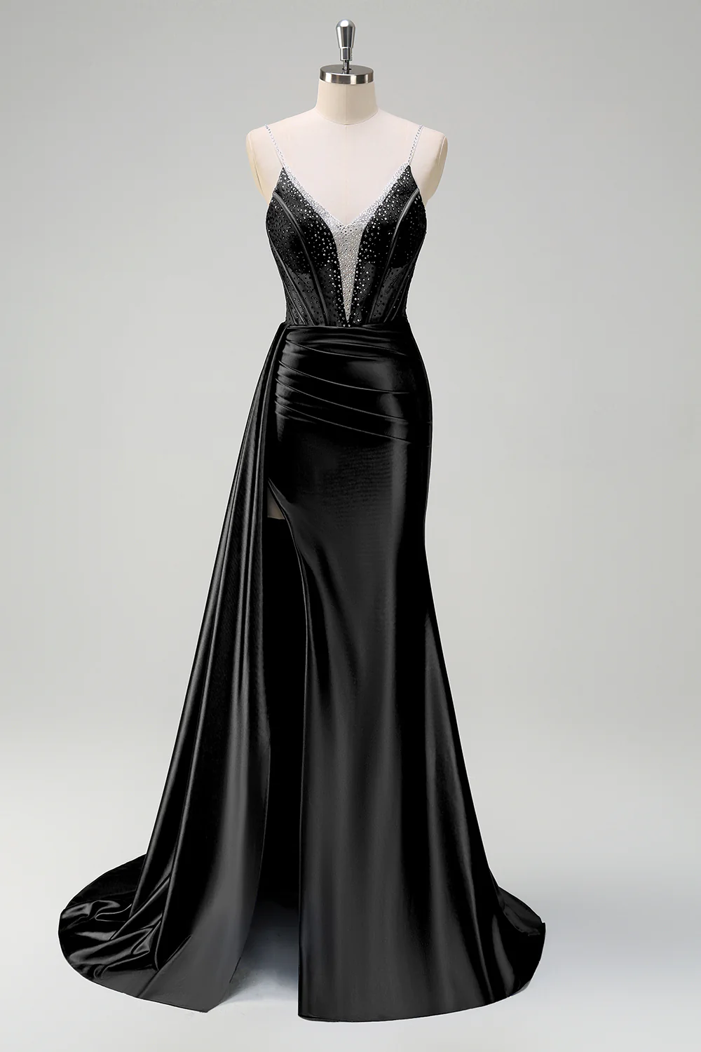 Robe de soirée sirène bleu marine bustier perlé col V avec fente - Image 7