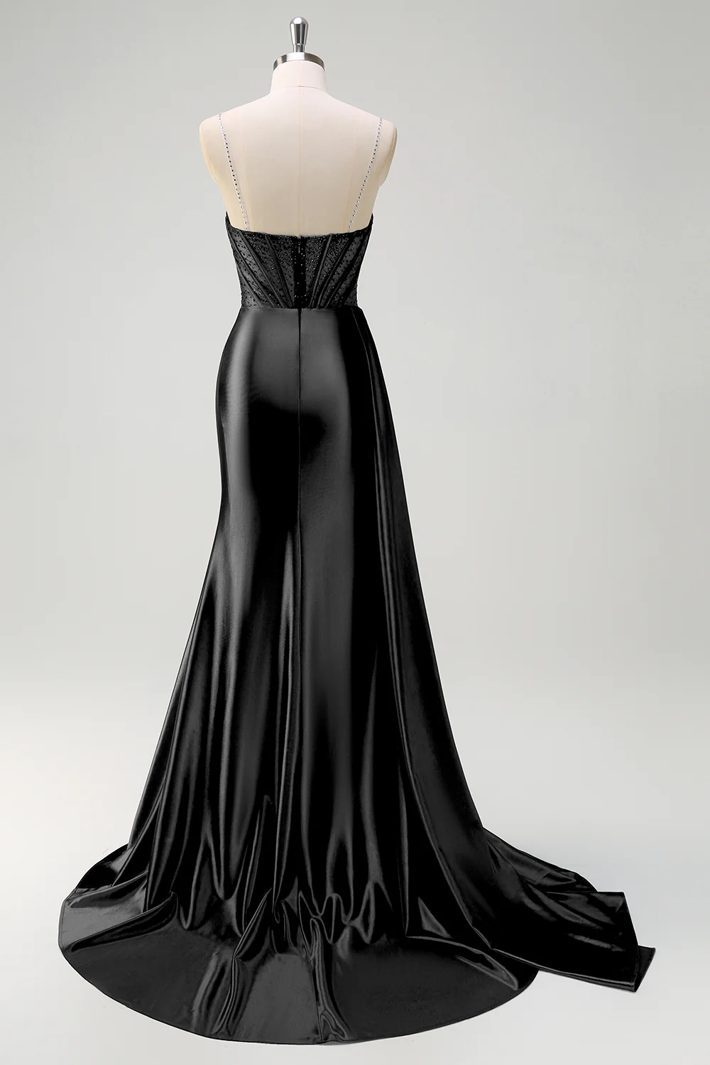 Robe de soirée sirène bleu marine bustier perlé col V avec fente - Image 8