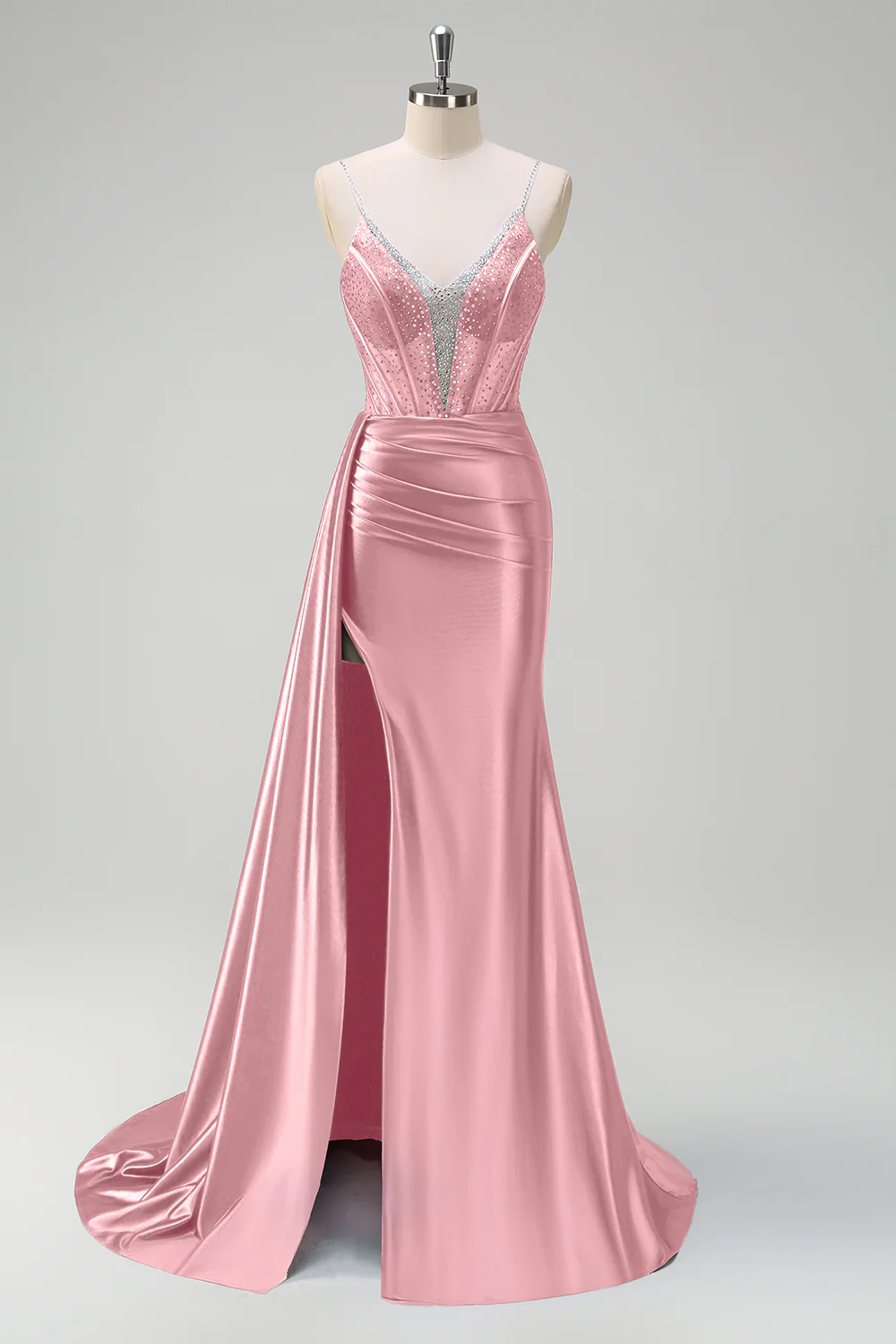 Robe de soirée sirène bleu marine bustier perlé col V avec fente - Image 9