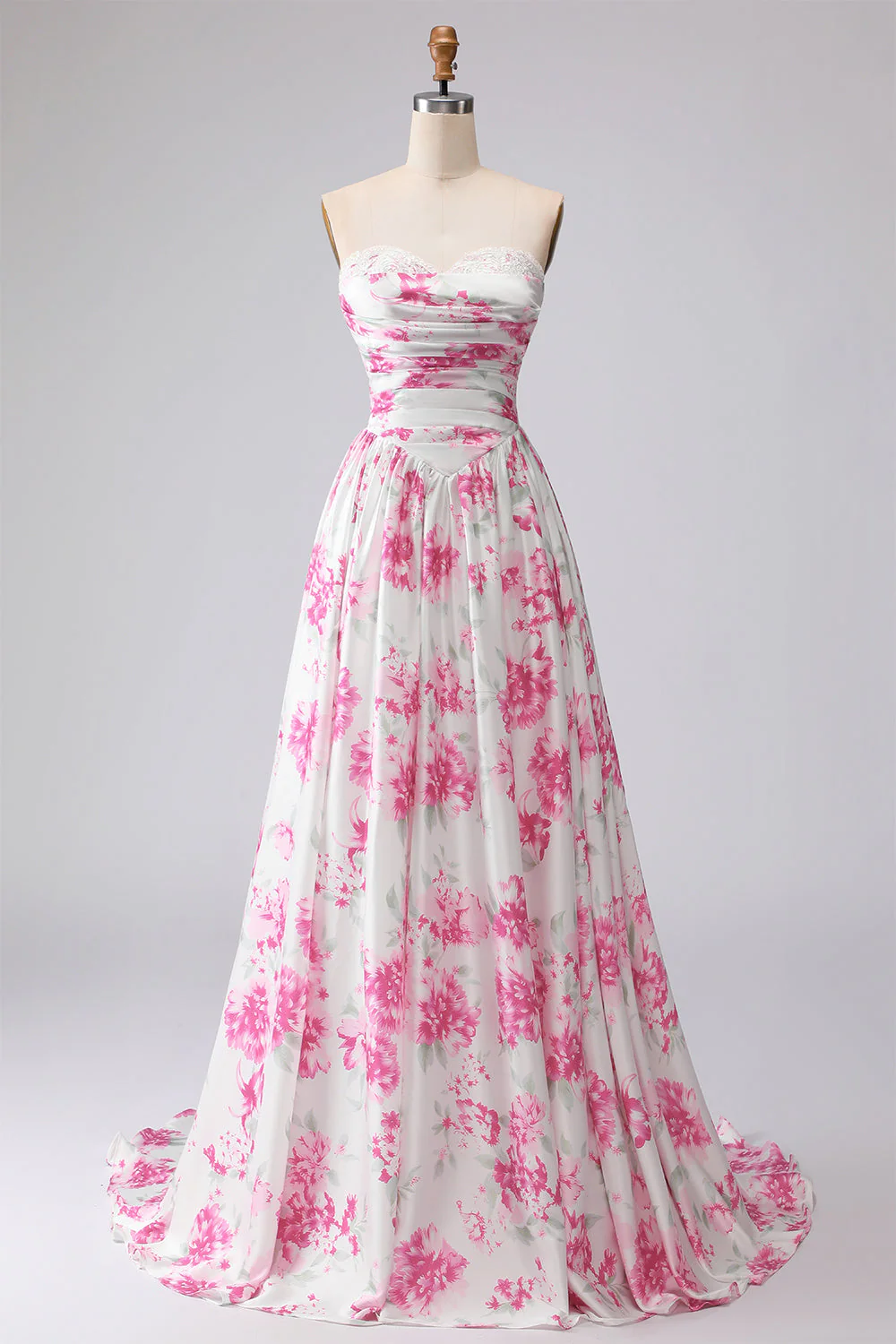 Robe de bal plissée à bretelles plissées en forme de bal en fleurs fuchsia blanches