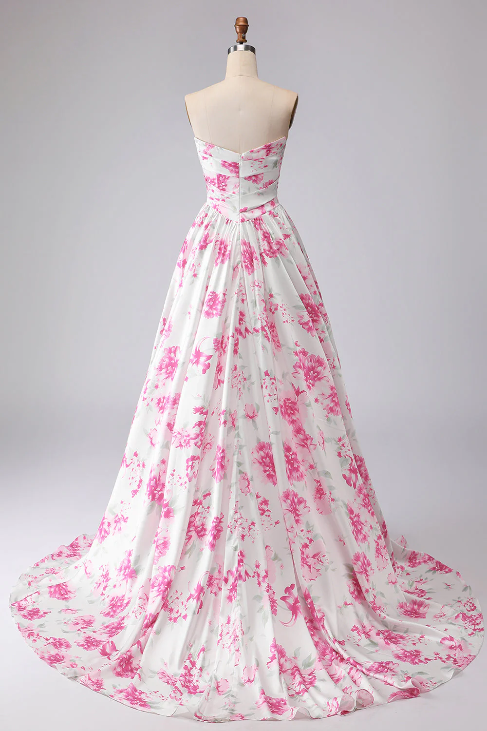 Robe de bal plissée à bretelles plissées en forme de bal en fleurs fuchsia blanches - Image 2